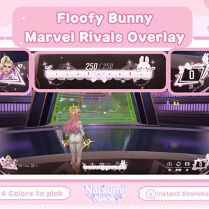 May include: A pink digital overlay for the game Marvel Rivals, featuring a bunny theme. The overlay includes health bars, character portraits, and a user interface with the text "Floofy Bunny Marvel Rivals Overlay". The image also includes the text "4 Colors to pick" and "Instant Download".
