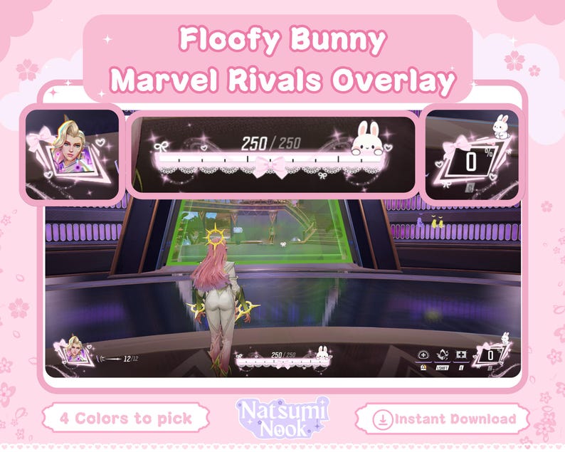 May include: A pink digital overlay for the game Marvel Rivals, featuring a bunny theme. The overlay includes health bars, character portraits, and a user interface with the text "Floofy Bunny Marvel Rivals Overlay". The image also includes the text "4 Colors to pick" and "Instant Download".
