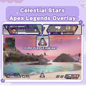 May include: A purple and white Apex Legends overlay with a starry design. The overlay includes a player's name, level, and weapons. The text "Celestial Stars" and "Cosmo Purple Variant" are also included in the overlay.