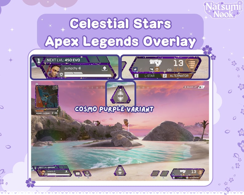 May include: A purple and white Apex Legends overlay with a starry design. The overlay includes a player's name, level, and weapons. The text "Celestial Stars" and "Cosmo Purple Variant" are also included in the overlay.