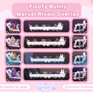 Könnte beinhalten: Rosa digitales Overlay-Design mit dem Text "Floofy Bunny Marvel Rivals Overlay". Das Design umfasst Charakterporträts, Gesundheitsleisten und Zahlenanzeigen. Der Text "4 Colors to pick" und "Instant Download" sind ebenfalls vorhanden.