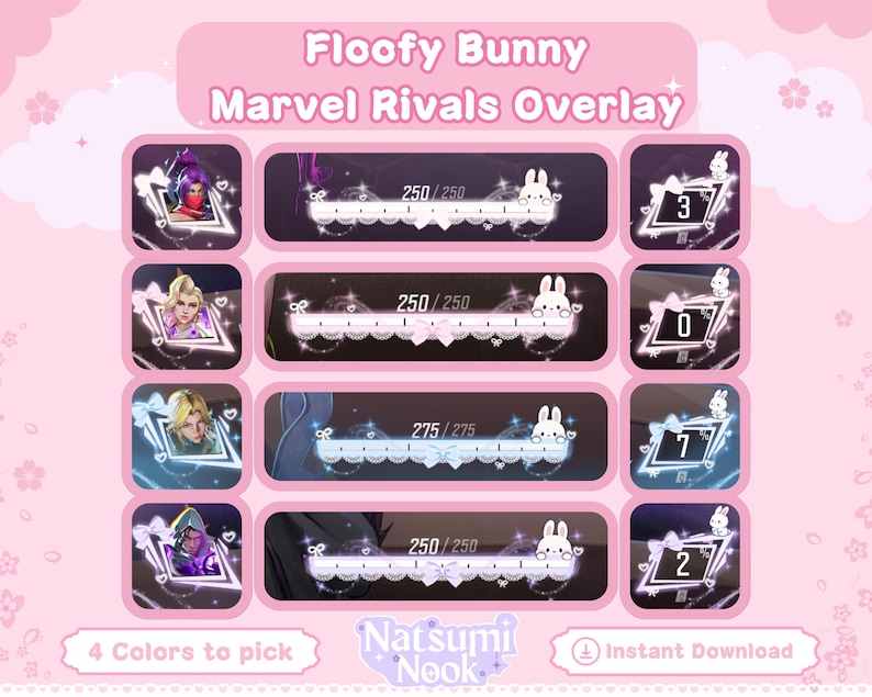 May include: Pink digital overlay design with the text "Floofy Bunny Marvel Rivals Overlay." The design includes character portraits, health bars, and number displays. The text "4 Colors to pick" and "Instant Download" are also present.