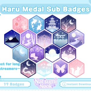 May include: A set of 17 digital badges featuring Japanese-inspired designs. The badges are hexagonal and feature images of cherry blossoms, koi fish, pagodas, and other traditional Japanese elements. The badges are perfect for use on Twitch, YouTube, or other streaming platforms.