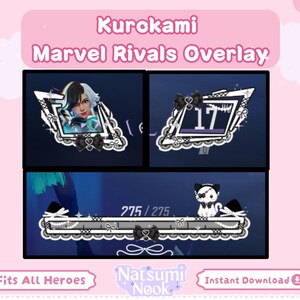 Könnte beinhalten: Ein digitales Overlay für das Spiel Marvel Rivals, mit einem schwarz-weißen Design. Es enthält ein Charakterporträt, die Zahl 17 und eine Gesundheitsleiste. Das Overlay zeigt den Text "Kurokami Marvel Rivals Overlay" und "Fits All Heroes".