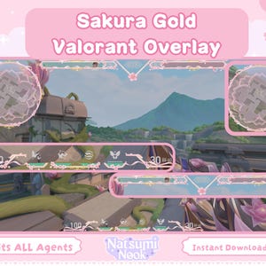 Könnte beinhalten: Ein rosa Valorant-Overlay mit dem Text "Sakura Gold Valorant Overlay". Das Design beinhaltet florale Elemente und Spieloberflächengrafiken. Das Overlay ist für alle Agenten geeignet und steht zum sofortigen Download bereit.