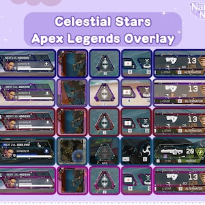 May include: A purple and pink overlay for Apex Legends with a starry sky background. The overlay features a level up bar, a map, and a weapon inventory. The text "Celestial Stars" is at the top of the overlay.