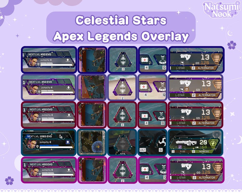 May include: A purple and pink overlay for Apex Legends with a starry sky background. The overlay features a level up bar, a map, and a weapon inventory. The text "Celestial Stars" is at the top of the overlay.
