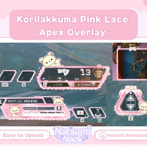 Puede incluir: Superposici&oacute;n de Apex Legends rosa y blanca con un lindo personaje de oso de dibujos animados. La superposici&oacute;n incluye un mapa, una barra de salud y otros elementos del juego. El texto "Korilakkuma Pink Lace Apex Overlay" est&aacute; en la parte superior de la imagen. El texto "Easy to Upload" y "Instant Download" est&aacute; en la parte inferior de la imagen.