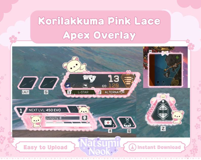 Puede incluir: Superposici&oacute;n de Apex Legends rosa y blanca con un lindo personaje de oso de dibujos animados. La superposici&oacute;n incluye un mapa, una barra de salud y otros elementos del juego. El texto "Korilakkuma Pink Lace Apex Overlay" est&aacute; en la parte superior de la imagen. El texto "Easy to Upload" y "Instant Download" est&aacute; en la parte inferior de la imagen.