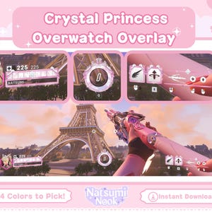 Puede incluir: Superposición de Overwatch rosa y blanca con un tema de princesa de cristal. La superposición presenta un retrato de personaje, una barra de salud y una mira. El texto "Crystal Princess Overwatch Overlay" está en la parte superior de la imagen. El texto "4 Colors to Pick!" y "Natsumi Nook" están en la parte inferior de la imagen.