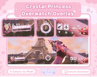 May include: Pink and white Overwatch overlay with a crystal princess theme. The overlay features a character portrait, health bar, and a crosshair. The text "Crystal Princess Overwatch Overlay" is at the top of the image. The text "4 Colors to Pick!" and "Natsumi Nook" are at the bottom of the image.