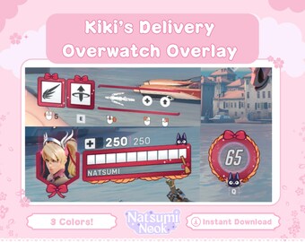 May include: A pink and white digital overlay for the video game Overwatch. The overlay features a character from the game, a red and white progress bar, and the number 65 in a circle. The text "Kiki's Delivery Overwatch Overlay" is at the top of the image.