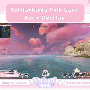 Puede incluir: Superposici&oacute;n rosa y blanca para Apex Legends con un personaje de oso lindo y el texto "Korilakkuma Pink Lace Apex Overlay". La superposici&oacute;n incluye un mapa, una barra de salud y otra informaci&oacute;n del juego.