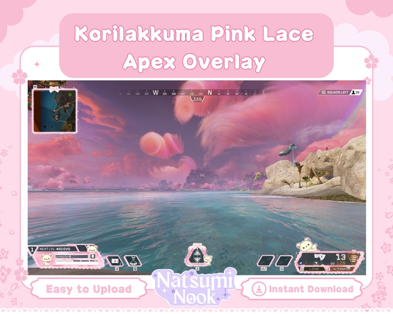 Puede incluir: Superposici&oacute;n rosa y blanca para Apex Legends con un personaje de oso lindo y el texto "Korilakkuma Pink Lace Apex Overlay". La superposici&oacute;n incluye un mapa, una barra de salud y otra informaci&oacute;n del juego.