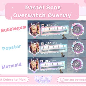 Könnte beinhalten: Ein digitales Overlay für das Videospiel Overwatch mit einem Pastellfarbschema mit drei Farboptionen: Bubblegum, Popstar und Mermaid. Das Overlay enthält eine Fortschrittsleiste, einen Punkte-Zähler und ein Charakterporträt. Der Text "Natsumi Nook" ist ebenfalls sichtbar.