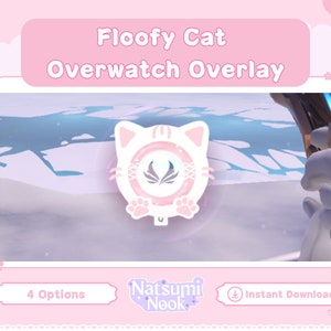 以下が含まれることがあります： 翼のあるかわいい漫画の猫が描かれた、ピンクと白のオーバーウォッチ用デジタルオーバーレイ。オーバーレイには、「Floofy Cat Overwatch Overlay」、「4 Options」、「Instant Download」のテキストが表示されています。