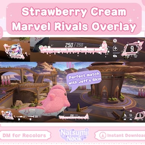 Puede incluir: Una ilustración digital de una superposición rosa y blanca para el juego móvil Marvel Rivals. La superposición presenta un tema de crema de fresa con un personaje rosa y blanco y una barra de progreso. El texto "Strawberry Cream Marvel Rivals Overlay" se muestra en la parte superior de la imagen. El texto "Perfect match with Jeff's Skin" se muestra en un globo de diálogo.