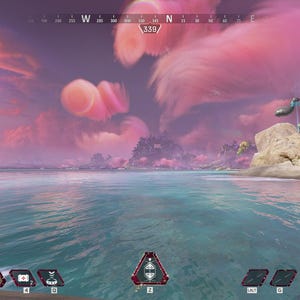 May include: A video game screenshot showing a blue body of water with a pink and purple sky. The game interface shows the player is in a match with 10 squads left. The text "NEXT LVL 450 EVO" is visible in the lower left corner of the screen.