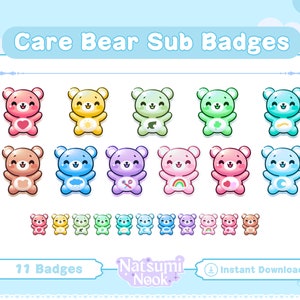 May include: A set of 11 colorful Care Bear sub badges featuring different Care Bear characters with their signature symbols. The badges are arranged in three rows and are set against a light blue background. The text "Care Bear Sub Badges" is at the top of the image. The text "11 Badges" is at the bottom left of the image. The text "Natsumi Nook" is at the bottom center of the image. The text "Instant Download" is at the bottom right of the image.