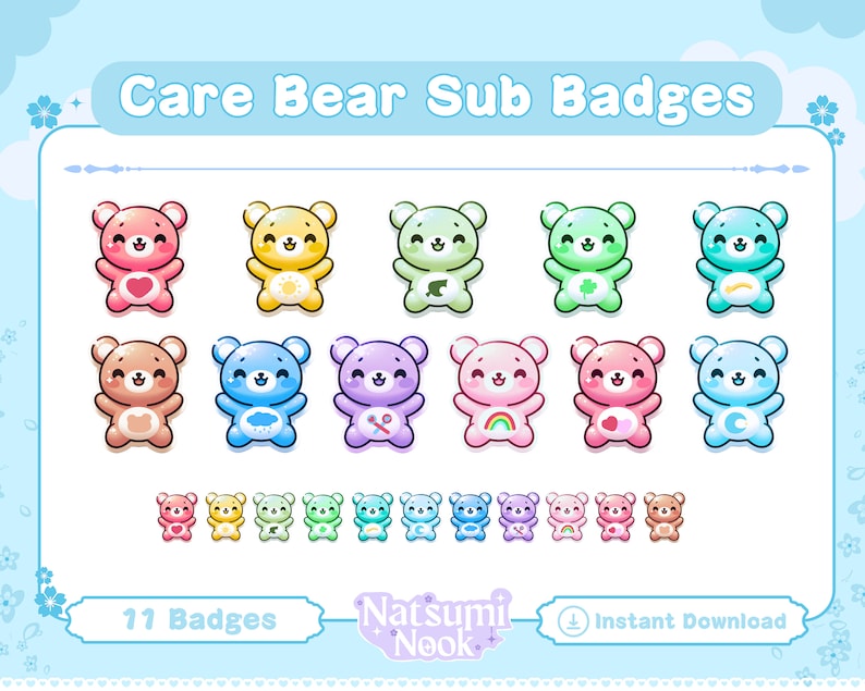 May include: A set of 11 colorful Care Bear sub badges featuring different Care Bear characters with their signature symbols. The badges are arranged in three rows and are set against a light blue background. The text "Care Bear Sub Badges" is at the top of the image. The text "11 Badges" is at the bottom left of the image. The text "Natsumi Nook" is at the bottom center of the image. The text "Instant Download" is at the bottom right of the image.