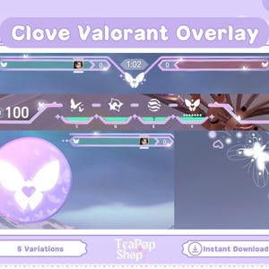 以下が含まれることがあります： Valorantゲーム用のデジタルオーバーレイデザイン。ソフトな紫と白の配色で、プレイヤーのステータス、体力バー、タイマー、蝶とハートのモチーフが含まれています。「Clove Valorant Overlay」と書かれています。