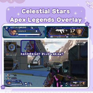 May include: A blue and purple overlay for the video game Apex Legends. The overlay features a blue and purple star design with the text "Celestial Stars" and "Apex Legends Overlay". The overlay also includes a player's in-game stats, such as their level, kills, and damage dealt.