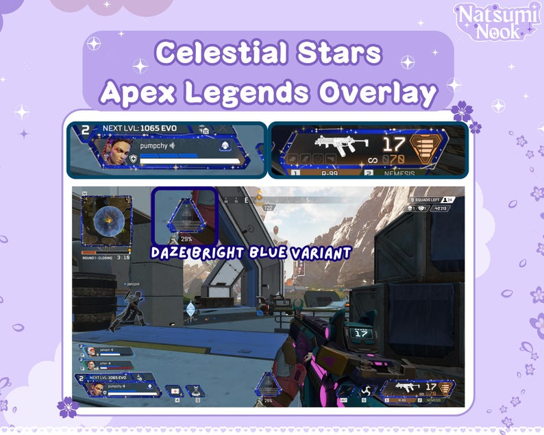 May include: A blue and purple overlay for the video game Apex Legends. The overlay features a blue and purple star design with the text "Celestial Stars" and "Apex Legends Overlay". The overlay also includes a player's in-game stats, such as their level, kills, and damage dealt.