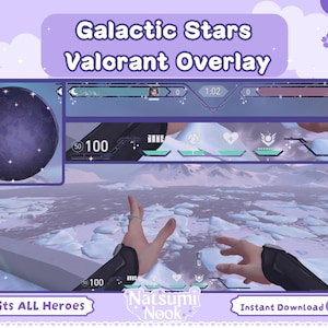 May include: A digital overlay for the game Valorant, featuring a purple and white celestial theme. The overlay includes a circular graphic of a planet, game stats, and the text "Galactic Stars Valorant Overlay." The design is set against a lavender background.