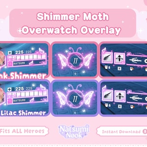 Könnte beinhalten: Rosa und lila Overwatch Overlay-Design mit Schmetterlings- und Charaktergrafiken. Der Text enthält "Shimmer Moth + Overwatch Overlay", "Pink Shimmer", "Lilac Shimmer", "Fits ALL Heroes" und "Instant Download".