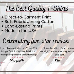 May include: A graphic promoting high-quality T-shirts with a close-up of hangers and the text "The Best Quality T-Shirts". The graphic lists features like "Direct-to-Garment Print", "Soft Fabric Jersey Cotton", "Long-Lasting Prints", and "Made in the USA". It also includes five-star reviews from customers named Marybeth and Kim.