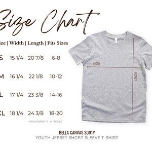 May include: Size chart for youth jersey short sleeve t-shirts. The chart shows sizes S, M, L, and XL with corresponding width and length measurements in inches. The chart also indicates the age range each size fits.