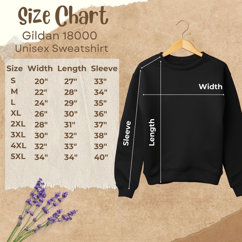 May include: Size chart for a Gildan 18000 unisex sweatshirt. The chart shows the width, length, and sleeve length in inches for sizes S through 5XL.
