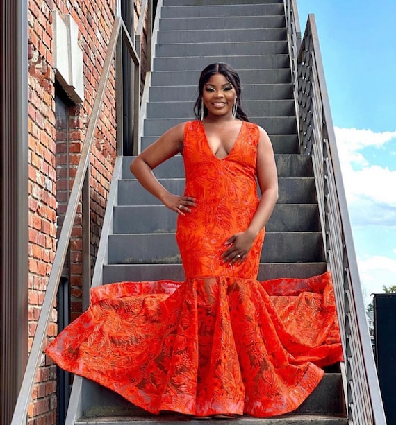 Orange lace prom dress online