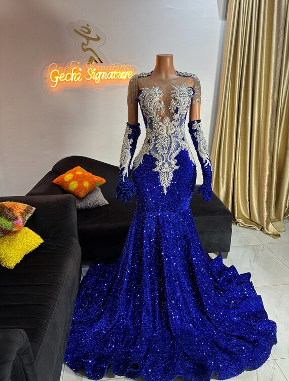 Mermaid Prom Wedding Dress Royal Blue Long Prom Dress Reception Dress Mermaid Lace Prom Dress Trending Prom Dresses With Gloves Etsy