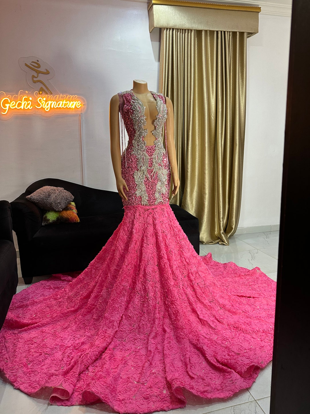 Pink Mermaid Black Girl Prom Party Dress Long Formal Evening Dress main image 1