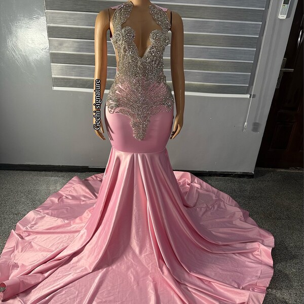 Pink Mermaid Beaded Floor Length Prom Dresses main image 0