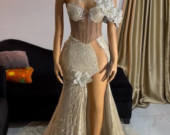 Silver Corset Dress, African Prom Dress with slit, Wedding Reception Lace Dress, Evening Gown, Mermaid Prom Dress, prom dresses