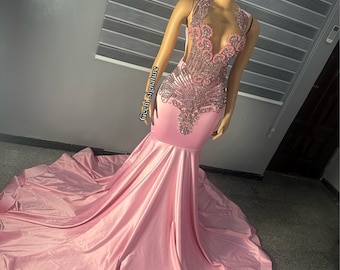 Rosa Strass Abendkleid, Baby-Rosa-Meerjungfrau-Abschlussball-Kleid, Abschlussball-Kleider, Abend-Heimkehr-Kleid, Diamant-Abschlussballkleid