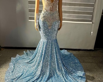 Long Light Blue Dress, Prom Dress, Wedding Reception Dress,Black Girl Dress, Birthday Dress, Homecoming Dress,Gift For Her, Mermaid Dress