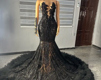 Schwarzes Hochzeitskleid, schwarzes langes Kleid, Afrikanisches Spitzen-Empfangskleid, Meerjungfrau-Spitzenkleid, Trending Ballkleider, schwarzes Kleid