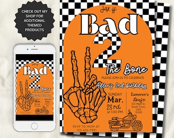Skeleton Biker 2nd Birthday Invitation, Punk Rock Party Invite (Canva Template)