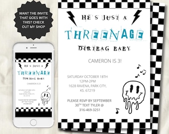 Threenage Dirtbag Baby Birthday Invitation: Rock Punk 3rd Birthday (Digital Download)