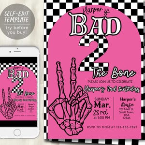 May include: Pink and black checkered birthday party invitation with a skeleton hand and the text "Harper is BAD 2 The Bone" and "Please join us to celebrate Harper's 2nd Birthday".