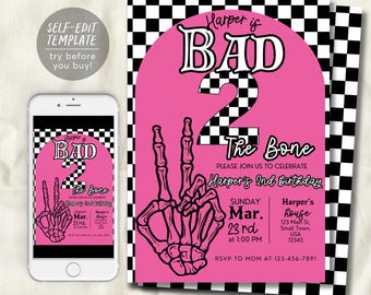 Bad TWO the Bone Birthday Invitation: Pink Punk 2nd Birthday (DIY Template)