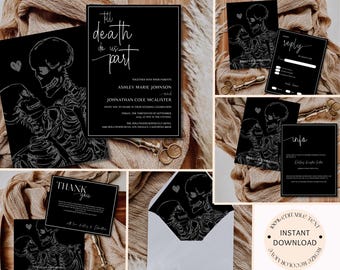 May include: Black and white wedding invitation suite with a skeleton couple graphic. The invitation reads "'Til Death Do Us Part". The RSVP card reads "Reply" and the information card reads "Info".