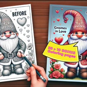 Puede incluir: Un libro para colorear con un gnomo con un sombrero rojo y una barba blanca. El gnomo está rodeado de corazones y rosas. El título del libro es "Gnomes in Love" y "St. Valentine's CO LO RING-". El libro incluye 50 páginas para colorear y 10 páginas adicionales.