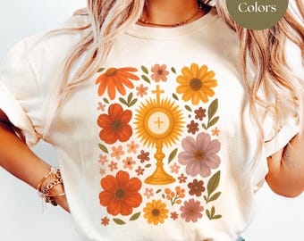 Catholic Monstrance Comfort Colors Tee: Floral Eucharist, Fall Gift