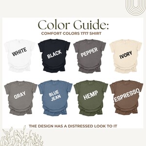 May include: Color guide for Comfort Colors 1717 shirts, showing 10 different colors: white, black, pepper, ivory, gray, blue jean, hemp, espresso, navy, and heather gray.