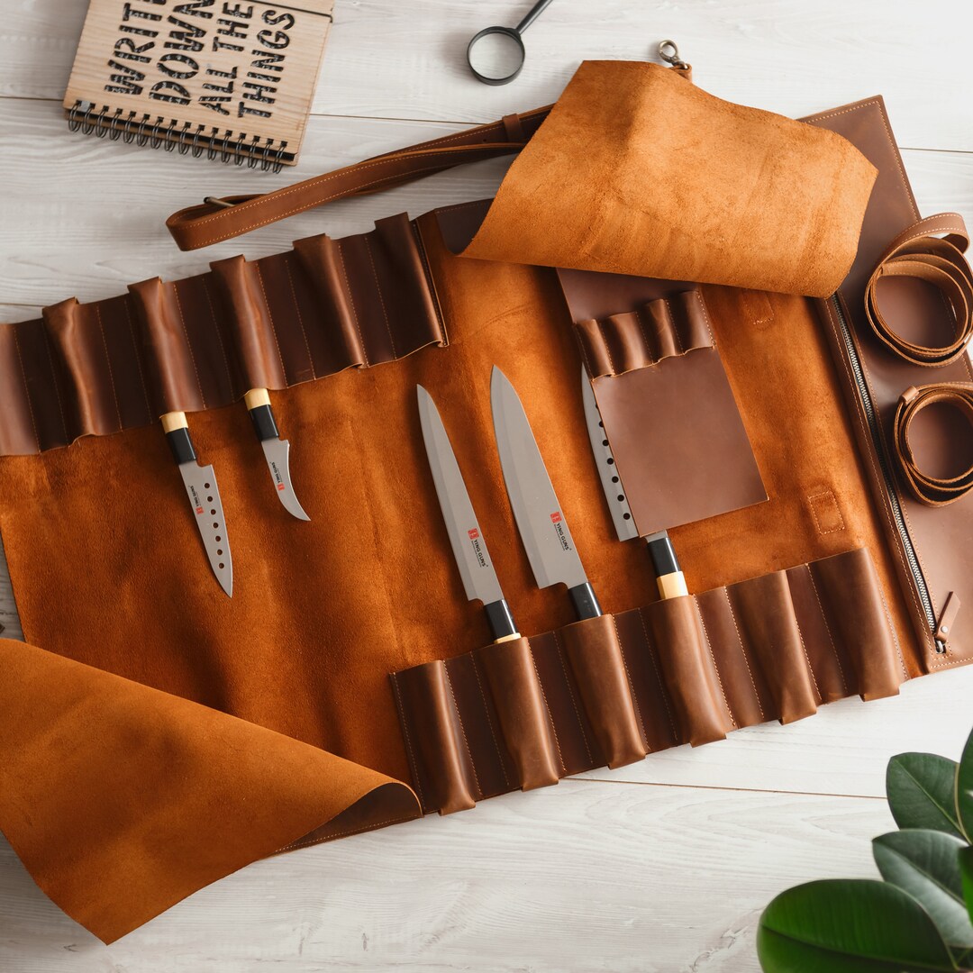 Brown Leather Knife Bag, Leather Knive Roll Up, Chef Knife Case