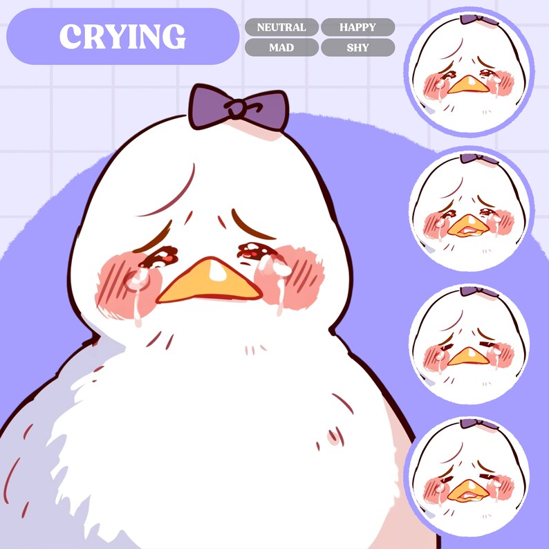 May include: A white cartoon chick with a purple bow is crying. The chick has pink cheeks and is shown with tears coming from its eyes. The chick is shown against a light purple background with a white grid pattern.